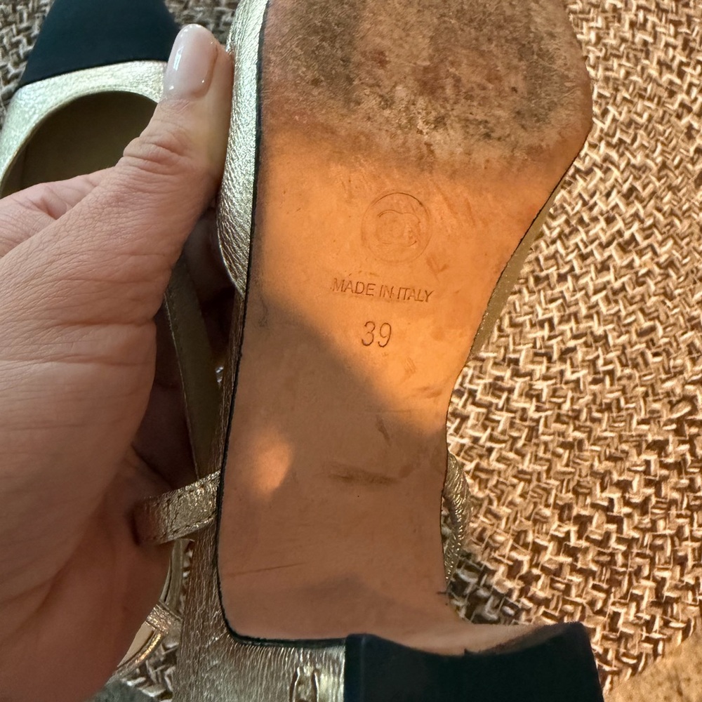 CHANEL Gold and Black Slingback Heels - Picture 7 of 7